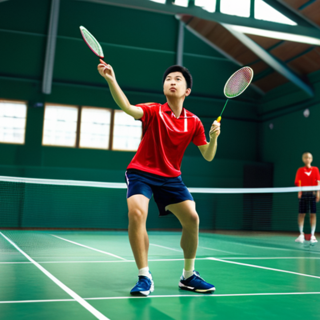 A badminton player, fully clothed in sports attire, mid-serve in a brightly lit indoor court. Focus on the concentration in their eyes. Perfect anatomy, natural pose, action shot, appropriate content, family-friendly.
