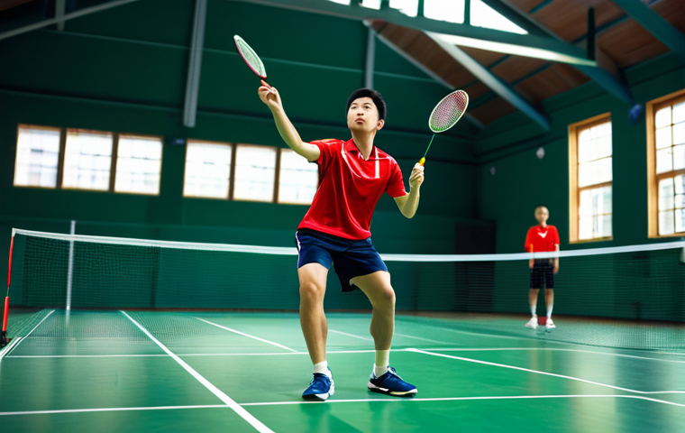 A badminton player, fully clothed in sports attire, mid-serve in a brightly lit indoor court. Focus on the concentration in their eyes. Perfect anatomy, natural pose, action shot, appropriate content, family-friendly.