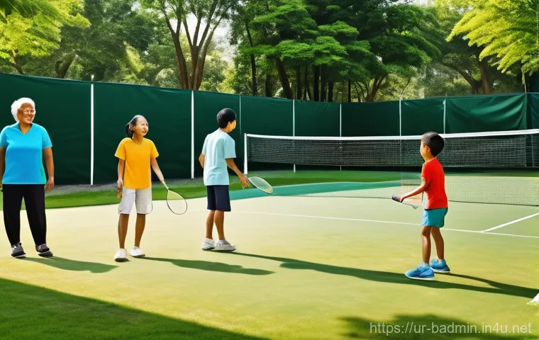 배드민턴 칼로리 소모량 - Image Prompt 1: Joyful Community Badminton in a Park**