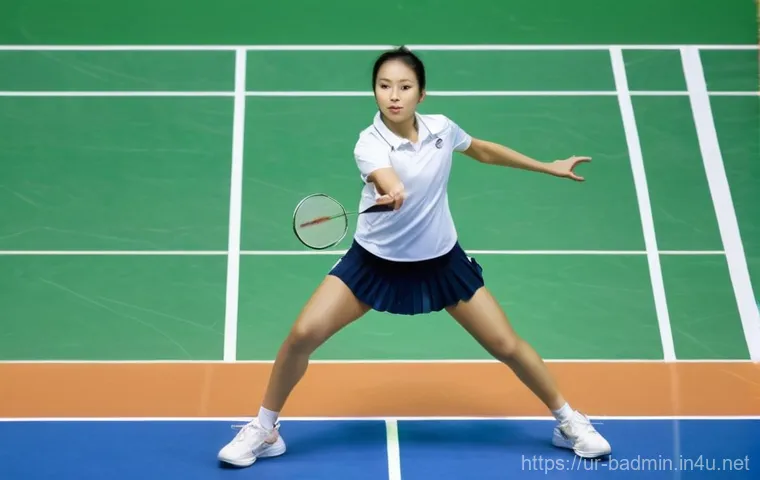 초보자를 위한 배드민턴 코칭 팁 - **Prompt 1: The Art of the Powerful Smash**
    A dynamic, high-angle shot of a determined male badm...