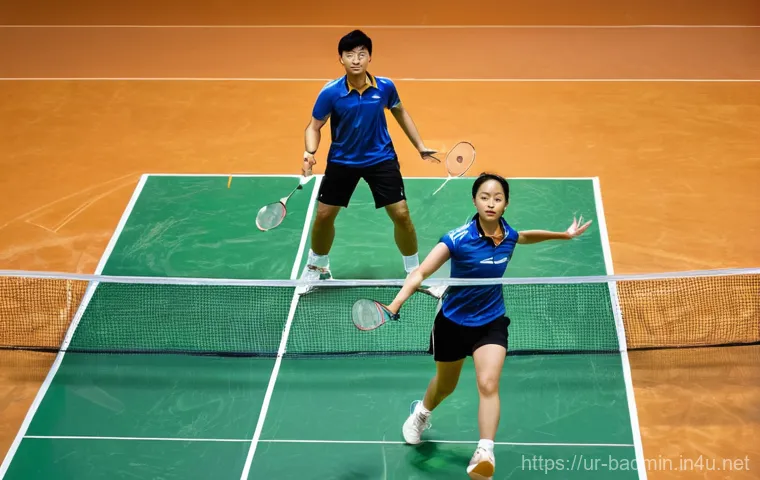 초보자를 위한 배드민턴 코칭 팁 - **Prompt 2: Agile Footwork and Court Coverage**
    An eye-level, wide shot of a focused female badm...